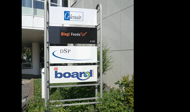 Wegweisertafel, Firmenschild, Firmentafel, bedruckte Firmenschilder, Wegweisersystem, Pylon
